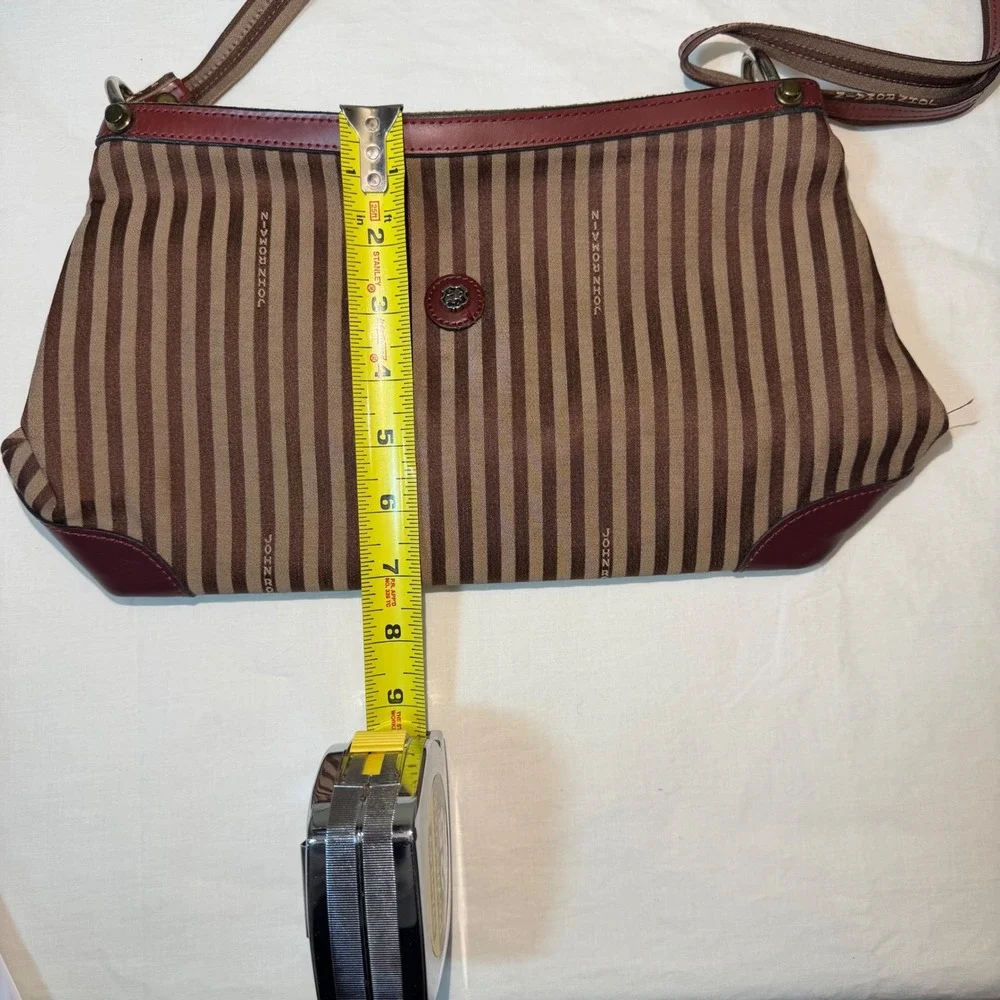 Vintage John Romain Striped Crossbody Bag Brown Burgundy Leather Trim Lion Crest